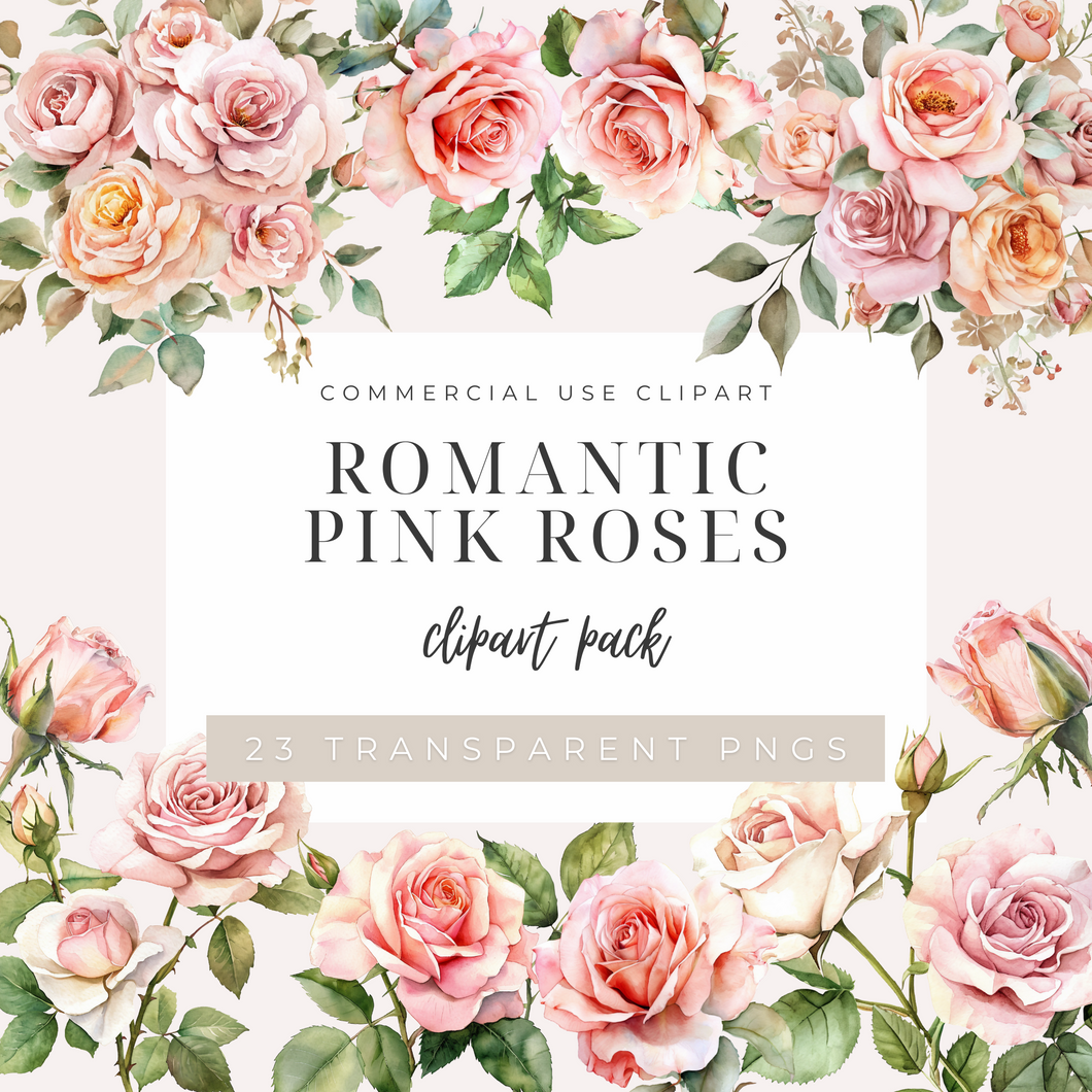 Romantic Pink Roses Clipart Pack, DIGITAL DOWNLOAD