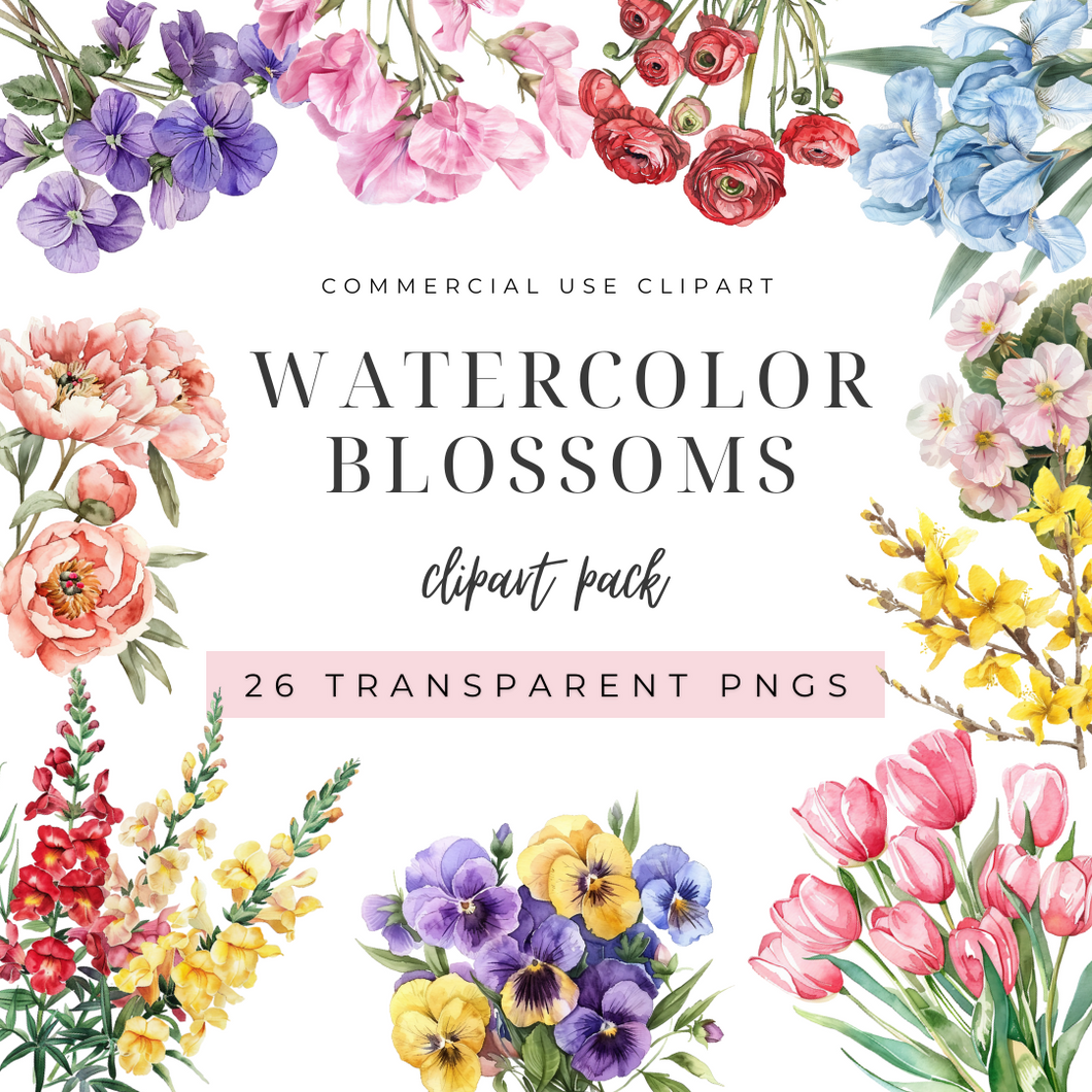 Watercolor Blossoms Clipart Pack DIGITAL DOWNLOAD - 20% OFF INTRODUCTORY SALE!