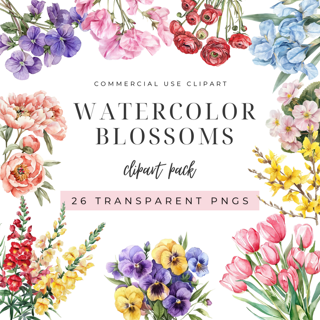 Watercolor Blossoms Clipart Pack DIGITAL DOWNLOAD