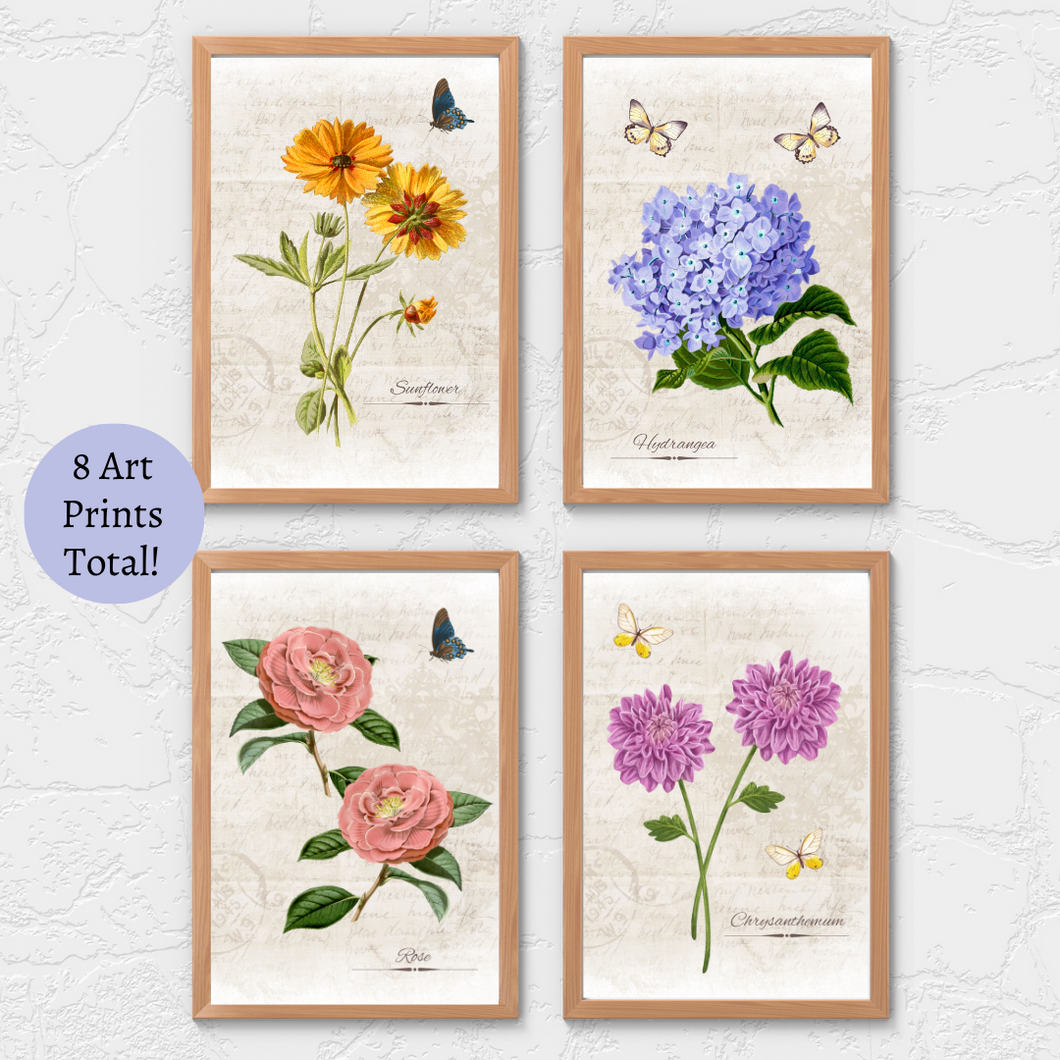 Vintage Flowers & Butterflies Art Prints Bundle {Digital Download}