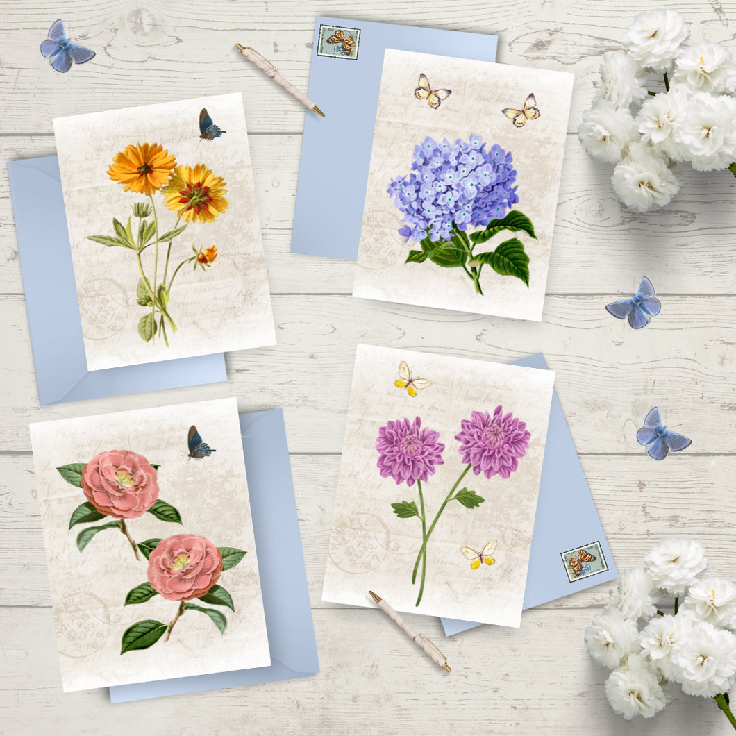 CIMK Vintage Flowers & Butterflies Notecards Set of 4 {Digital Download}