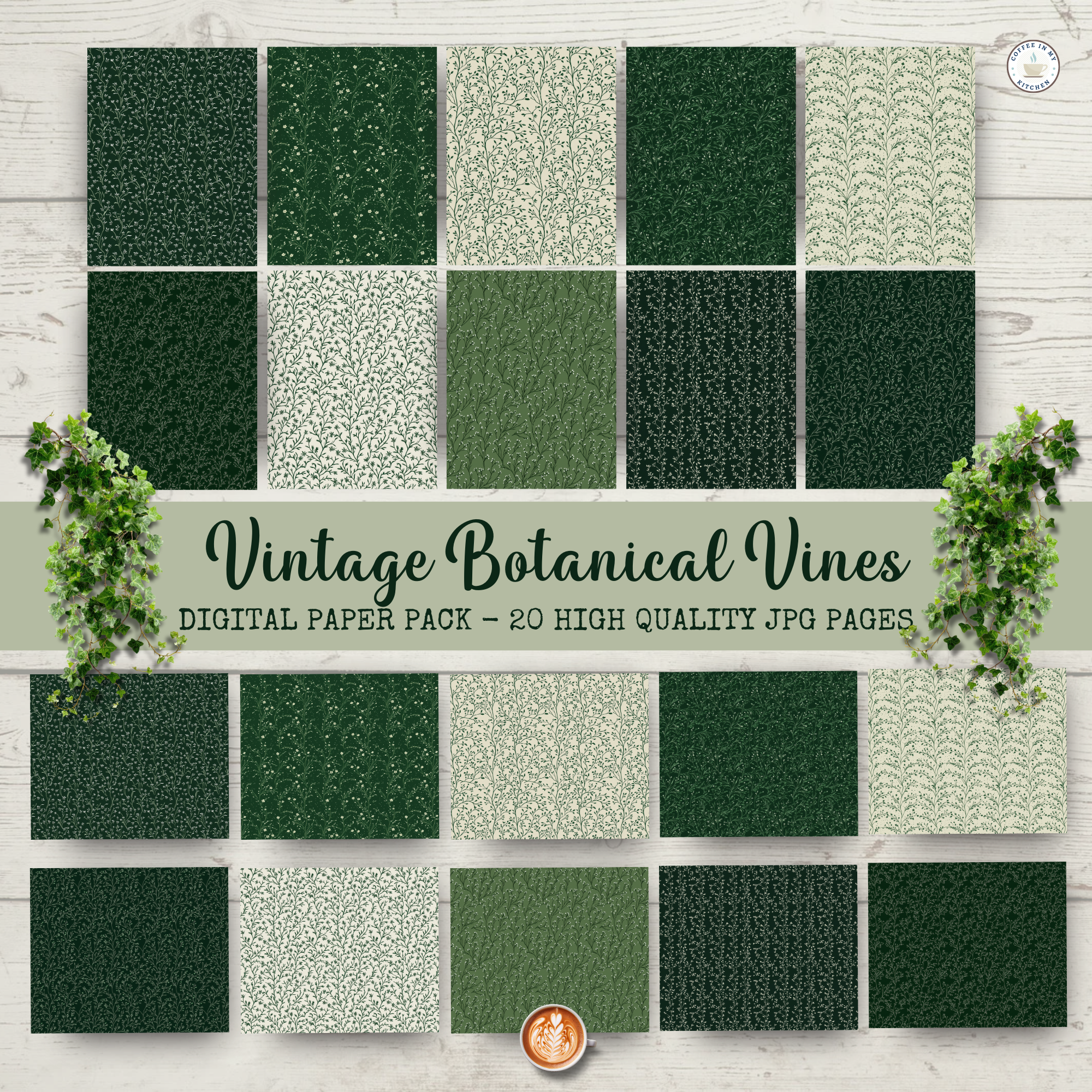 Vintage Botanical Vines Digital Paper Pack {DIGITAL DOWNLOAD} – Coffee ...
