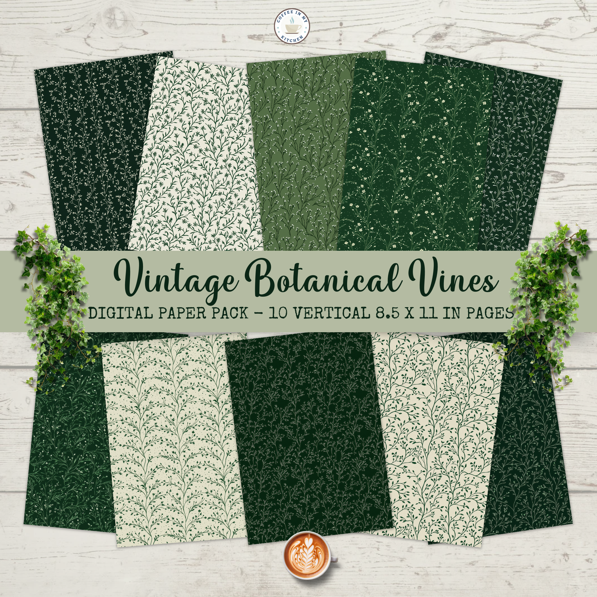 Spring Vines Paper Vintage Botanical Vines Digital Paper Pack {DIGITAL DOWNLOAD} – Coffee ...